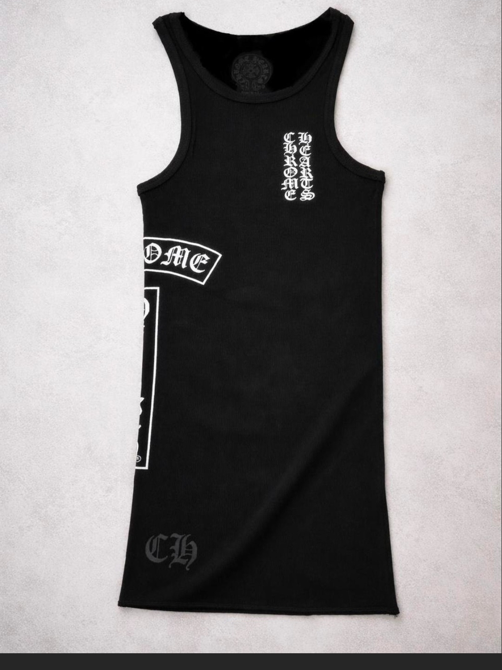 Black Graphic Tank Dress with White Gothic Print.  S